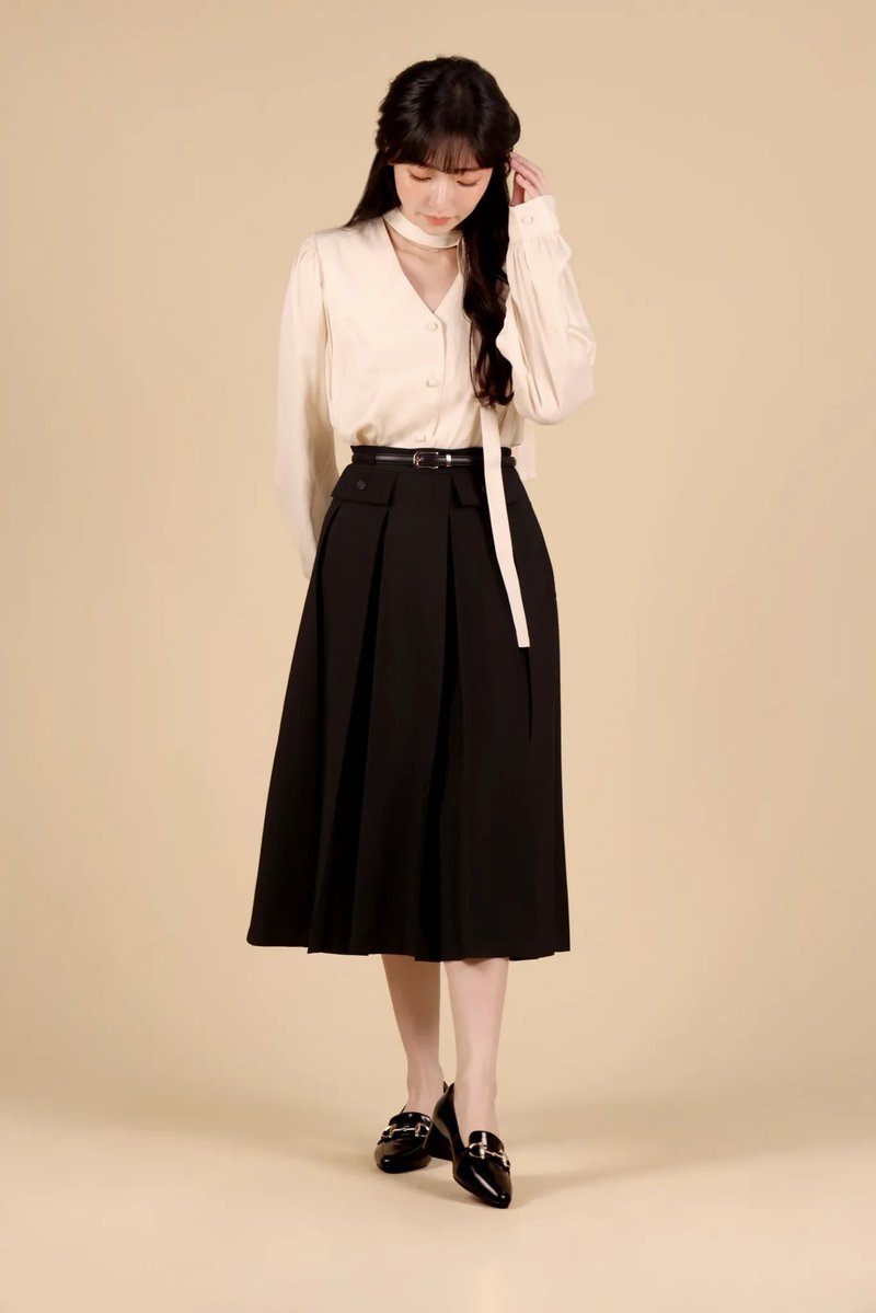 Elegant Leather Belt Temperament Pleated Skirt—Black - กระโปรง - เส้นใยสังเคราะห์ สีดำ