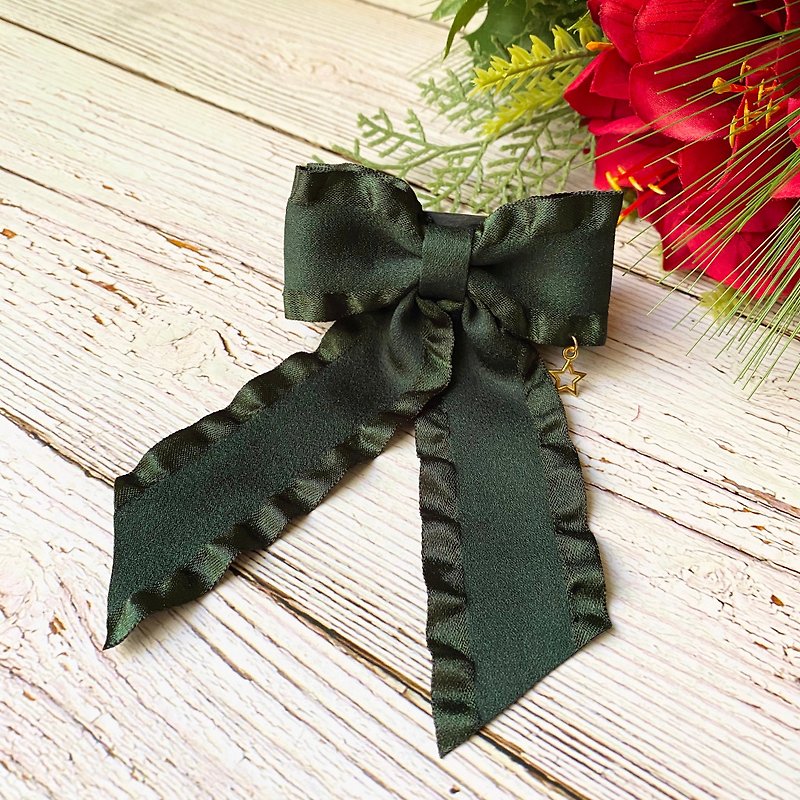 Sweet and elegant ruffled bow ponytail clip/dark green - Hair Accessories - Other Materials Green