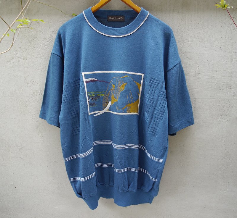 FOAK Ancient Indigo Elephant Embroidered Knit Top - Men's Sweaters - Cotton & Hemp Blue
