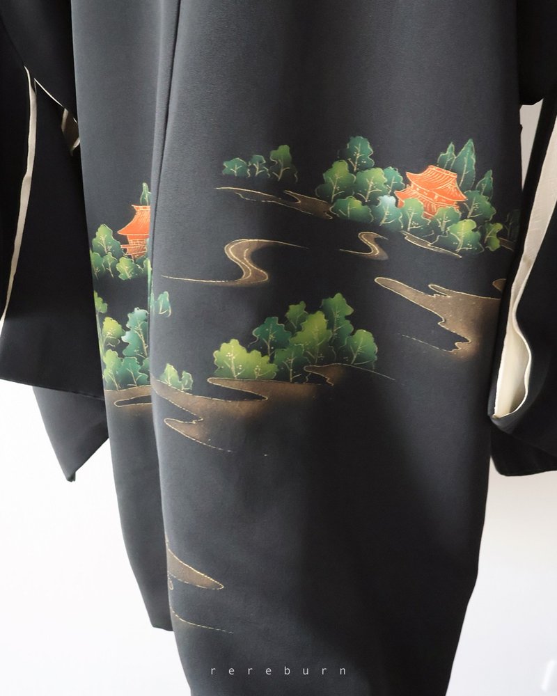 日本製和風綠色山水森林印花黑色古著羽織和服外套 - 女大衣/外套 - 聚酯纖維 黑色