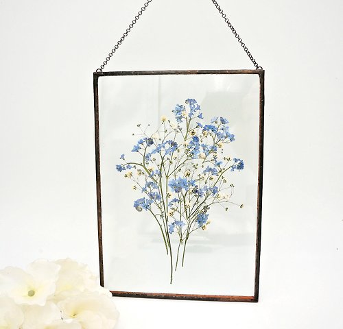 HerbariumBoutique 滿天星 別忘了我 乾燥花 藍色的 白色的 藍色的花朵 玻璃框 玻璃