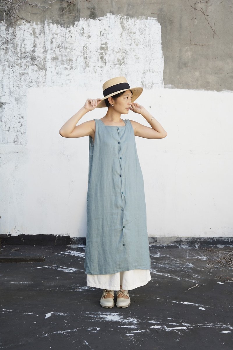 birphin | 波浪洋裝 | 海色 100% ramie - 洋裝/連身裙 - 棉．麻 藍色