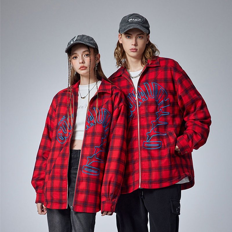 Couple red check shirt light down jacket men's winter thick coat women - Men's Coats & Jackets - Polyester Red