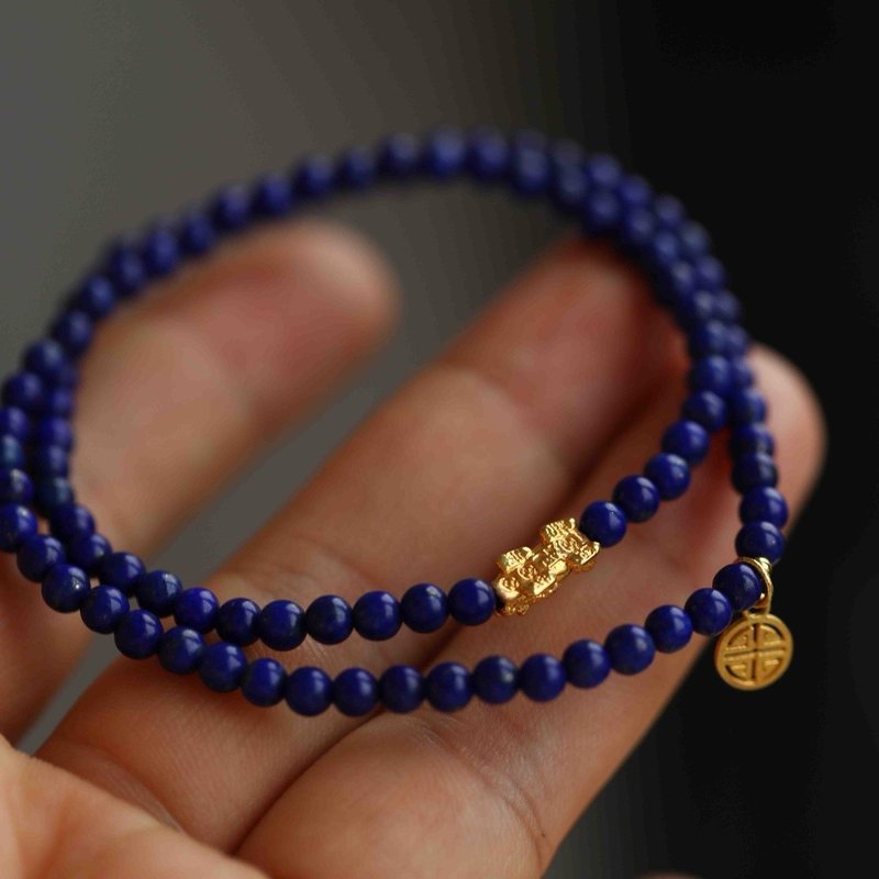 Starry Sky Natural Lapis Lazuli 18k Gold Pixiu Hollow Fushou Brand Design Multi-circle Bracelet Necklaces - สร้อยคอ - เครื่องประดับพลอย สีน้ำเงิน