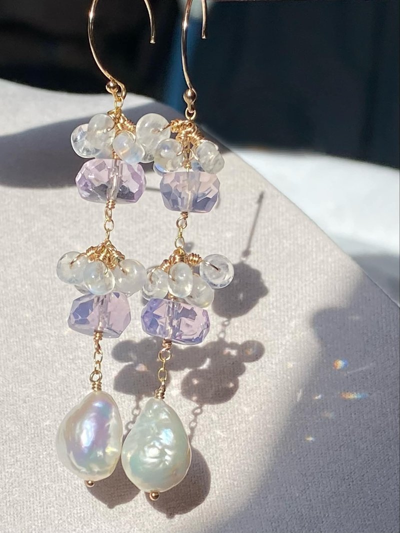 Lavender Quartz / Freshwater Pearls / Moonstone 14KGF Earrings - ต่างหู - คริสตัล สีม่วง