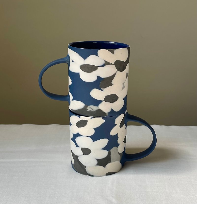 Black N White Floral Nerikomi Mug in Cobalt Blue and Black - Mugs - Porcelain 