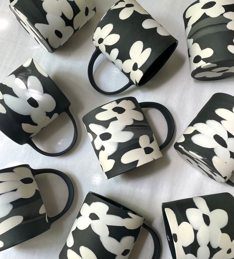 Black N White Floral Nerikomi Mug in Black - Mugs - Porcelain 