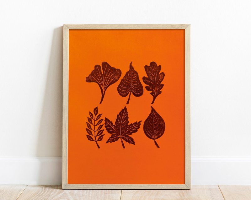 Orange and brown fall leaves artwork Botanical linocut print Autumn wall art - 海報/掛畫/掛布 - 紙 橘色