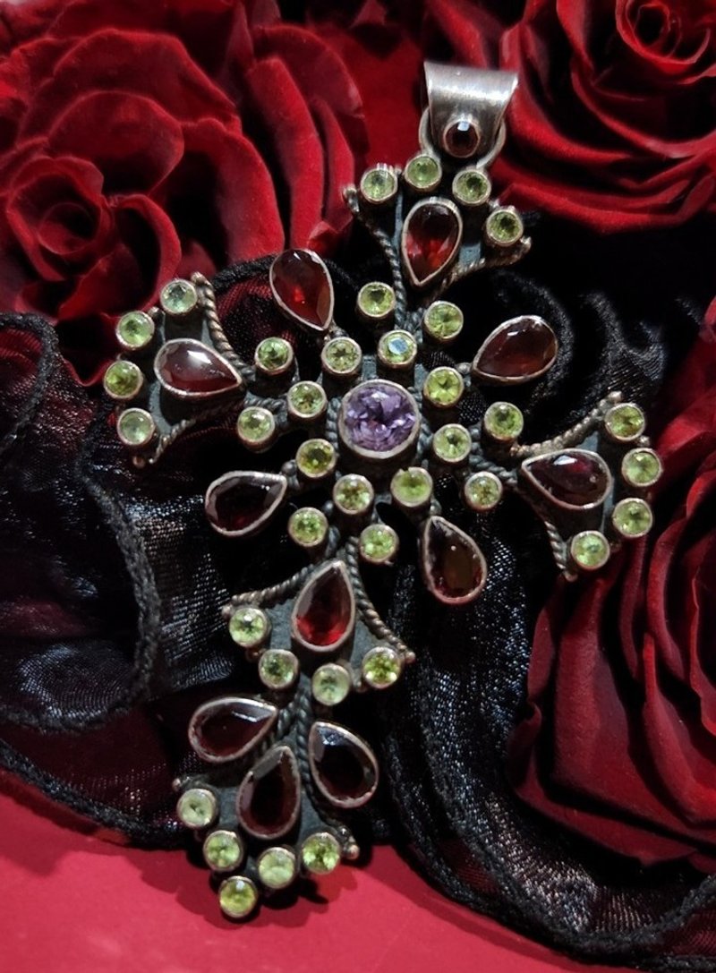 石榴石紫水晶橄欖石純銀大型十字架吊墜(另配項鍊)聖誕禮盒 - 項鍊 - 純銀 多色