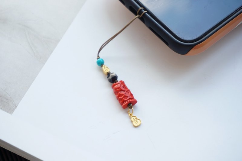 Natural High-Content Cinnabar Phone and Bag Charm | Cinnabar Koi | Gourd | Agate Dzi Bead | Essential for Your Zodiac Year - ที่ห้อยกุญแจ - หยก 