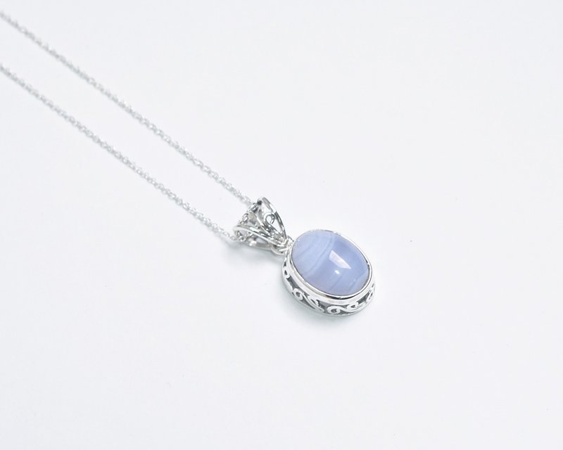 Blue lace agate silver necklace, natural stone, 925 silver - สร้อยคอ - เครื่องเพชรพลอย สีน้ำเงิน