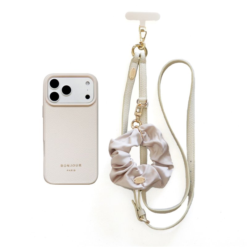 日本新品(殼+掛繩)iPhone17.16.15巴黎米白皮革斜背掛繩手機殼 - 手機殼/手機套 - 塑膠 白色