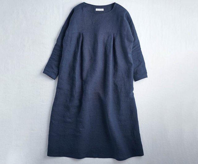 wafu for beginners! --Junama Hiroshi Linen Long Sleeve Dress / Navy a011d- neb2 - Shop wafu linen clothing One Piece Dresses - Pinkoi