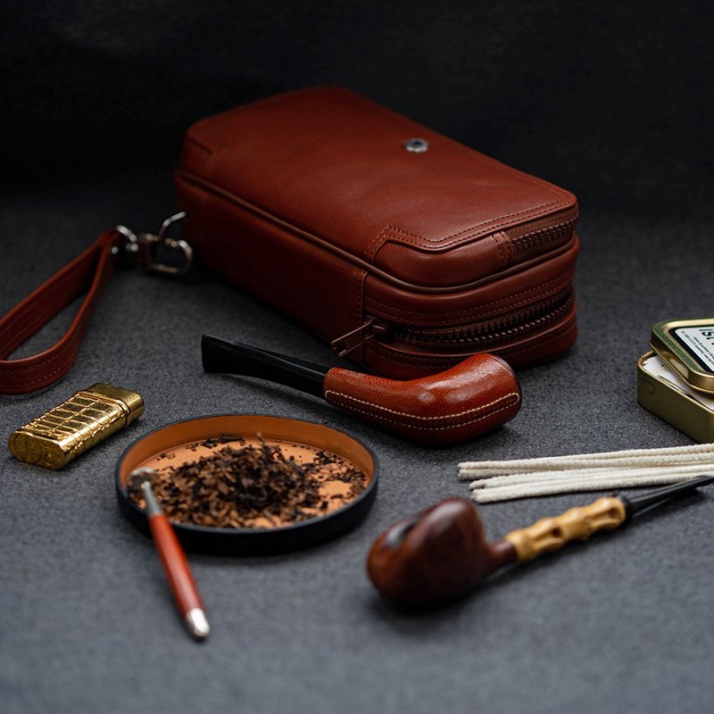 父の日ギフト牛革パイプバッグポータブルスリーウェイ携帯電話銀行カード一体型収納バッグレトロアクセサリー喫煙セット - 収納用品 - 革 ブラック