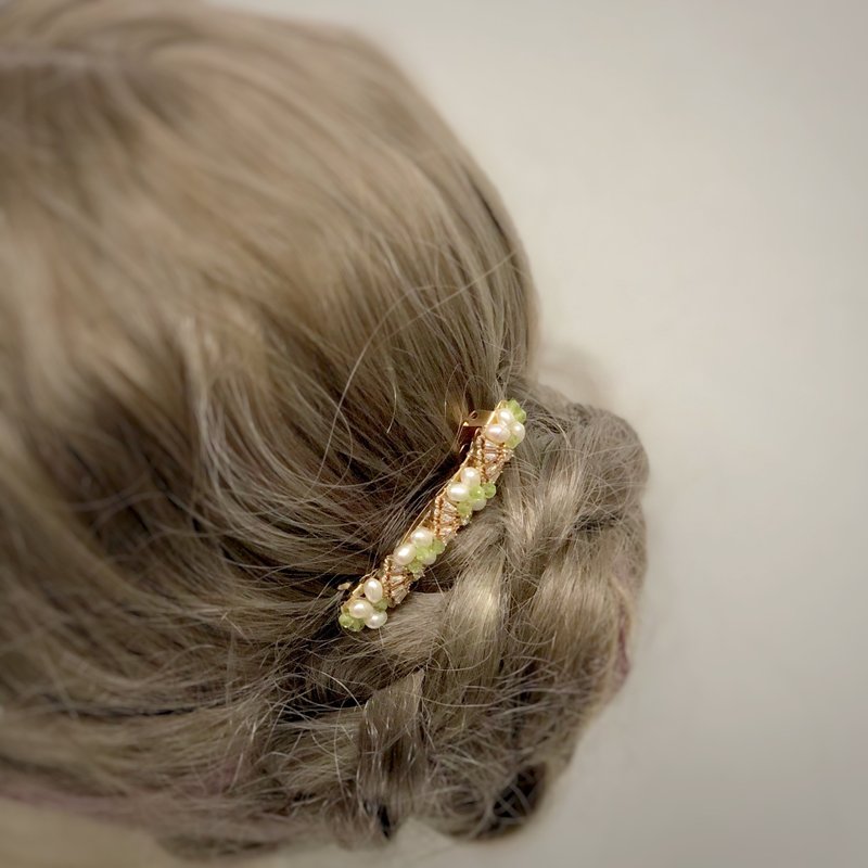 【Ruosang】【Jewelry Box】Forest and Sea II. Natural pearl. French hand braided barrette. - Hair Accessories - Gemstone Blue