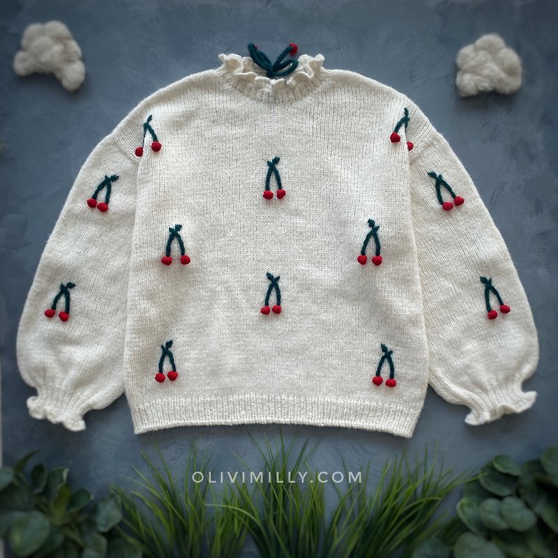 Cherries Adult pullover, hand knitted pullover with embrodery - สเวตเตอร์ผู้หญิง - ขนแกะ ขาว