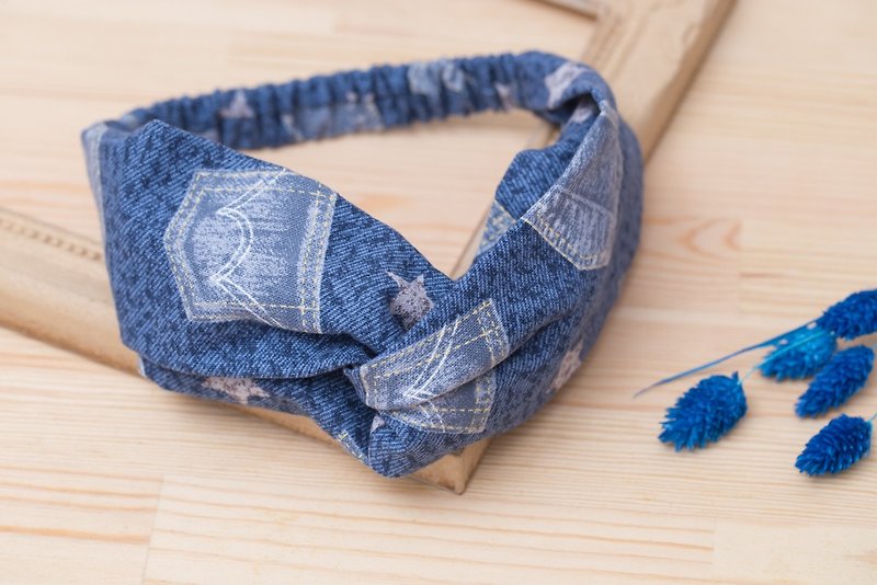 Hand elastic elastic cross hair band denim tannin pocket stitching pattern - Hair Accessories - Cotton & Hemp Blue