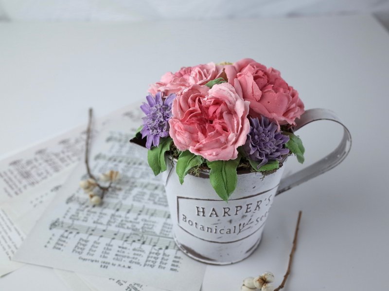 Floral clay Austin rose framed potted plant table decoration - ของวางตกแต่ง - ดินเหนียว สึชมพู