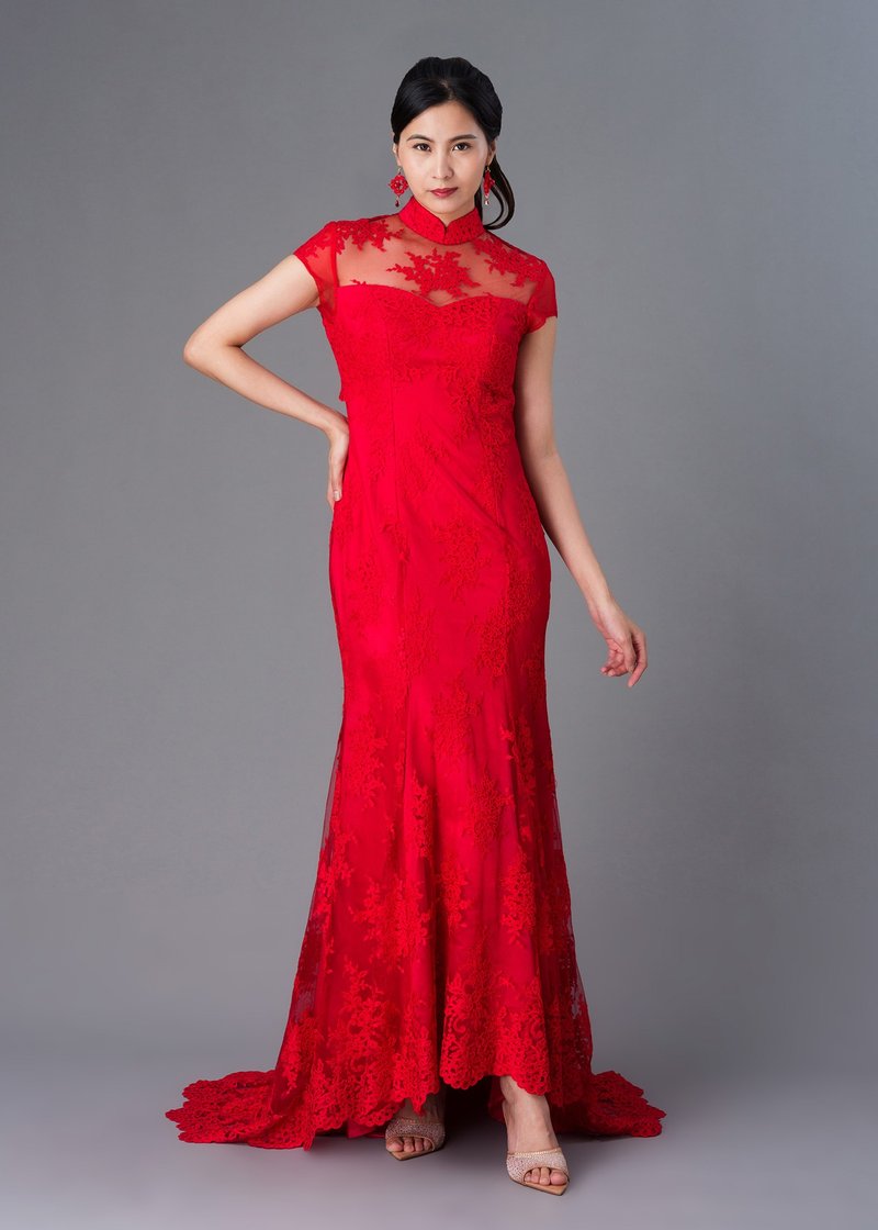 婚紗旗袍 | 紅色禮服 | 摩登旗袍 | 拖尾旗袍 - 旗袍/改良式旗袍 - 其他材質 紅色