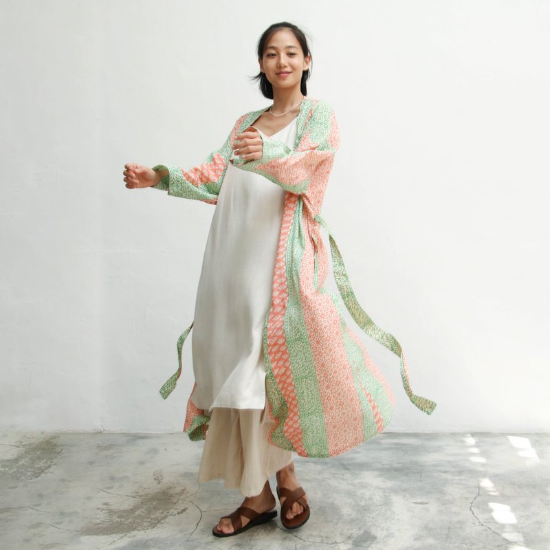 Indian cover-dyed strappy long blouse/Lei Ying green pink - เสื้อแจ็คเก็ต - ผ้าฝ้าย/ผ้าลินิน สีเขียว