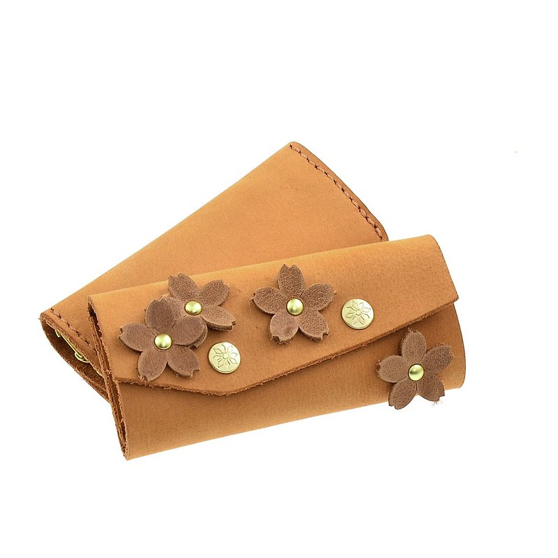(U6.JP6 Handmade Leather Goods) Imported cowhide natural hand-made sewing. Key case/key cover-extended version - ที่ห้อยกุญแจ - หนังแท้ สีส้ม