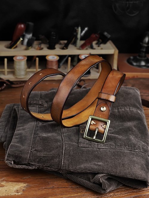 梵果 美式復古頭層牛皮皮帶 手工製作銅扣腰帶 簡約牛仔褲帶窄款 2.7cm