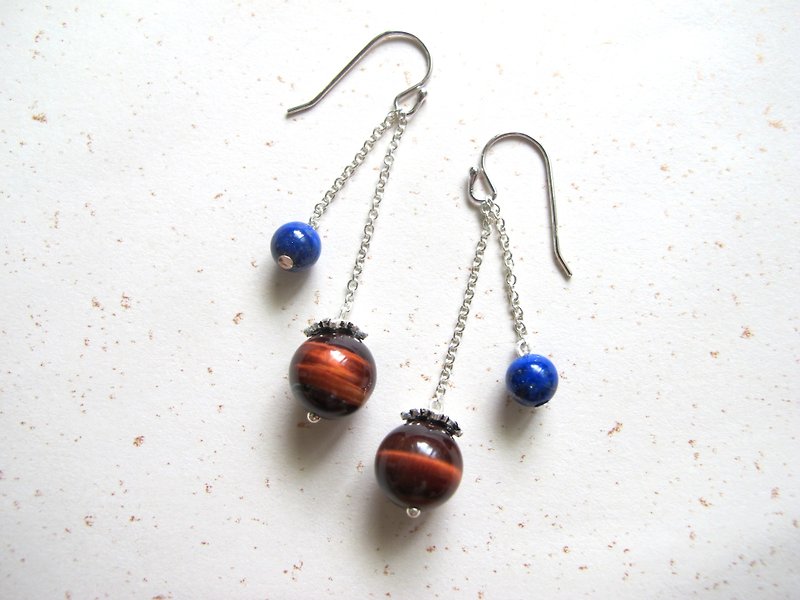 [Tiger Eye Earrings] red tiger eye stone x lapis lazuli x 925 silver - hand-made natural stone series - Earrings & Clip-ons - Gemstone Red