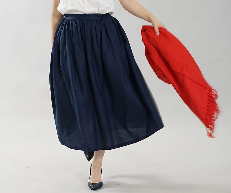 wafu Linen skirt / long length / elastic waistband / A-line / navy / s004d-neb1 - Skirts - Cotton & Hemp Blue
