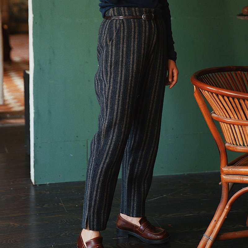 Blue Cyan Striped Wool Retro Suit Pants Classic Slim Fit Pants 100% Australian Wool - Women's Pants - Cotton & Hemp Blue