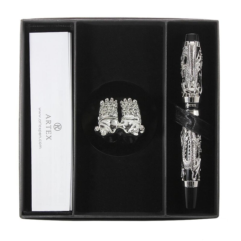ARTEX Seal Bright Silver Dragon Pen + Silver Hands Shape Pen Holder Gift Box - Fountain Pens - Copper & Brass Silver