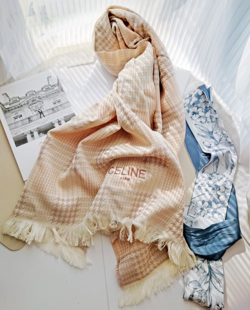 中古美品 CELINE 淡粉格紋 針織 冷頸巾圍巾領巾圍脖披肩蓋毯毛毯 - 圍巾/披肩 - 棉．麻 粉紅色