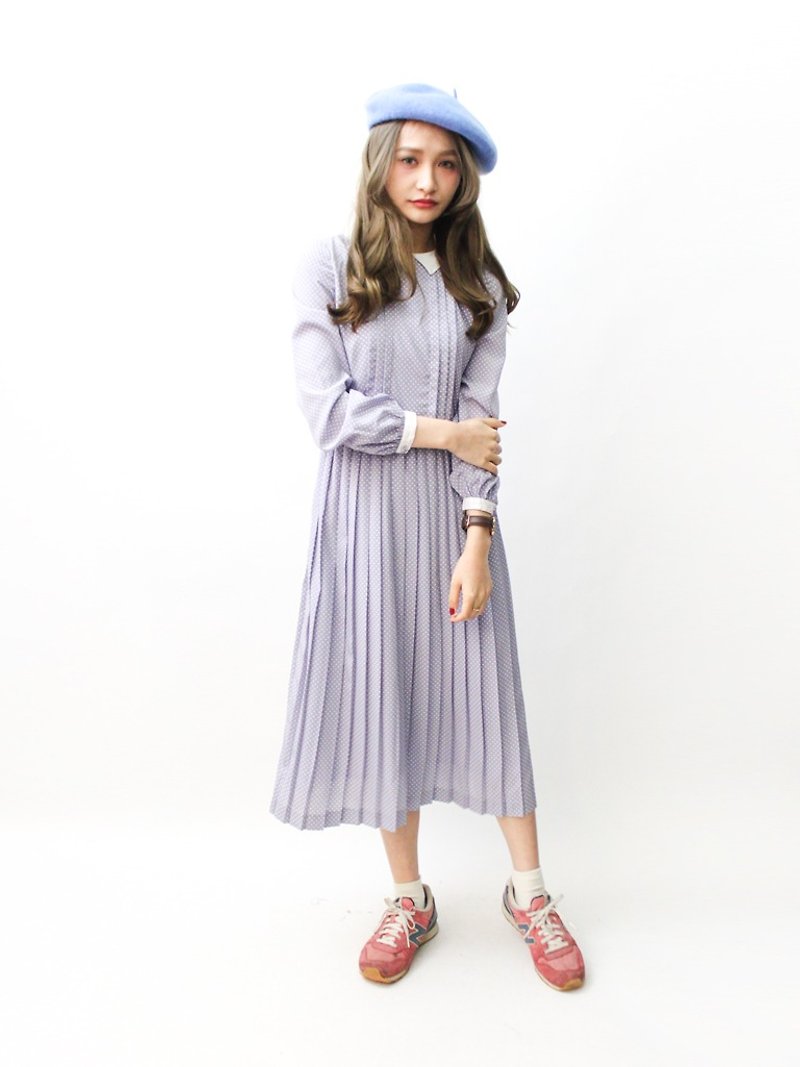 [RE0322D1018] Nippon retro sweet little pink and purple stitching collar long-sleeved dress spring and summer vintage - ชุดเดรส - เส้นใยสังเคราะห์ สีม่วง