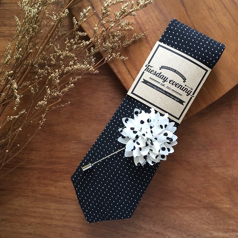 Black/White Polka Dot Tie and Lapel Pin/Brooch - Ties & Tie Clips - Cotton & Hemp Black