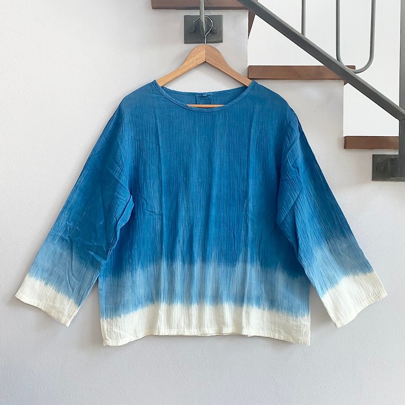landscape no.5 long-sleeve shirt / natural dye / 100% cotton - Women's Tops - Cotton & Hemp Blue