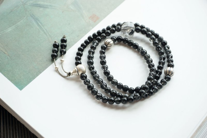 天然108顆佛珠黑髮晶手鏈 搭配閃靈鑽隨型珠 足銀南瓜珠 招財闢邪 - 手鍊/手環 - 玉石 