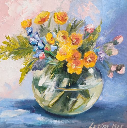 野生の花の絵画 花のオリジナルアート 静物画 油絵 アートワーク