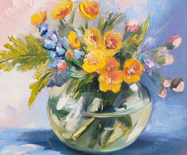 原画　花　額装あり　静物画　絵画　アクリル画　植物　現代アート　細密画　一点物 篠崎晴夫 黄色とオレンジの花 花 絵画 静物画 油絵 一点物