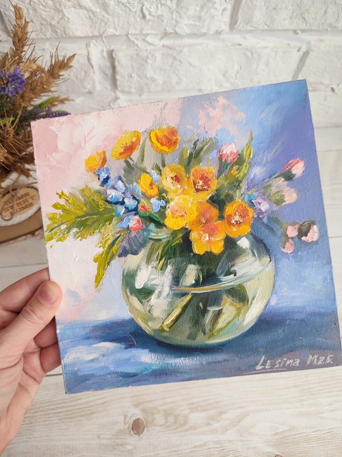 野花 絵 花 オリジナルアート 静物 油絵 ブーケ 花 - ショップ