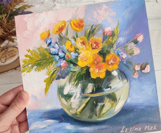 木製ジェッソパネル油絵　　専用　白い花瓶に入れたお花 木製ジェッソパネル油絵 専用 白い花瓶に入れたお花
