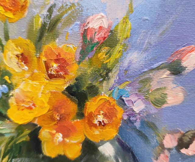 野生の花の絵画 花のオリジナルアート 静物画 油絵 花束