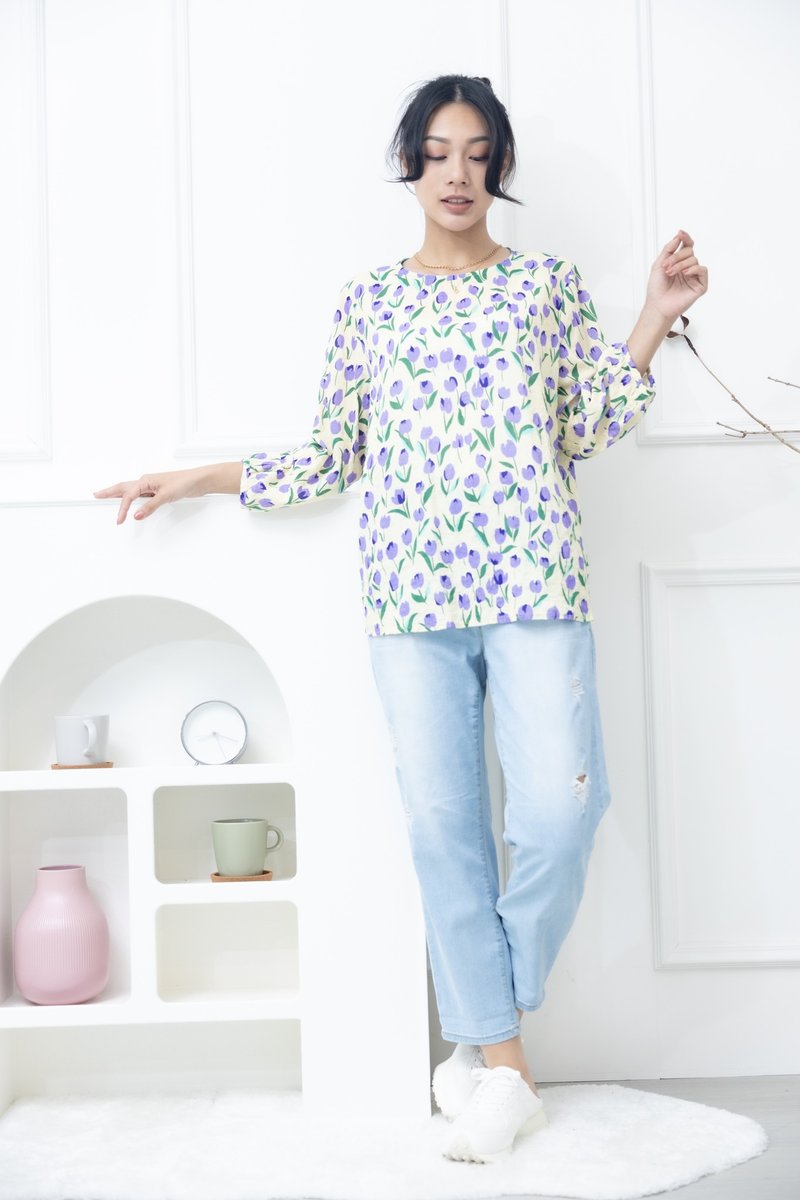 紫色鬱金香印花上衣 黃色 - 女上衣/長袖上衣 - 其他材質 黃色