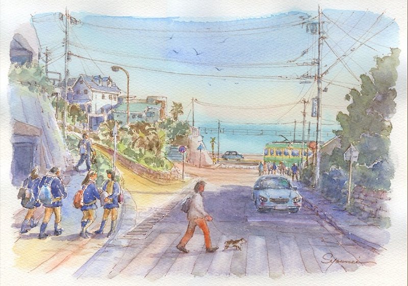 Watercolor picture Ena electronics' Kamakura high school railway crossing at the front station A - โปสเตอร์ - กระดาษ สีม่วง