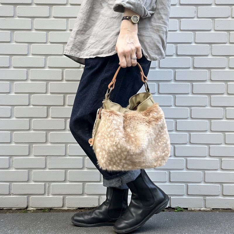 BALON-mini　ベージュ×バンビB  CORDURA　撥水加工ナイロン素材×フェイクファーバッグ - 手提包/手提袋 - 尼龍 卡其色