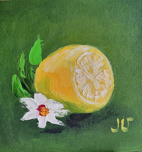 Julia Velyka Art Original Oil Painting Lemon Flower Kitchen Wall Art Decor Still Life