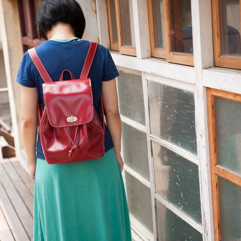 Backpack rose red leather handmade travel large-capacity hand-sewn - กระเป๋าเป้สะพายหลัง - หนังแท้ สีแดง