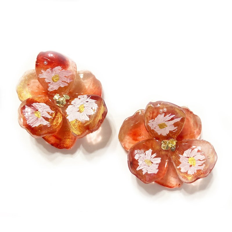 日本樹脂琥珀手繪花朵耳環.耳夾 - 耳環/耳夾/耳骨夾 - 樹脂 咖啡色