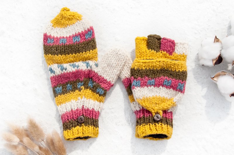 Hand-knitted pure wool knit gloves / detachable gloves / inner bristled gloves / warm gloves - Nordic forest color - Gloves & Mittens - Wool Multicolor
