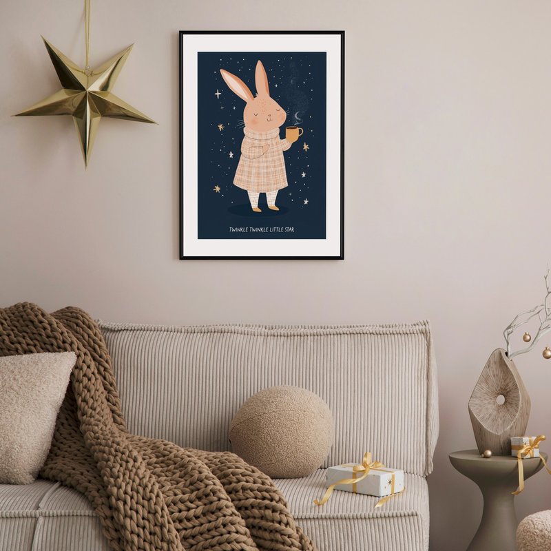 The Christmas Bunny Under the Starlight - Wall Prints, Christmas gift - Posters - Cotton & Hemp 