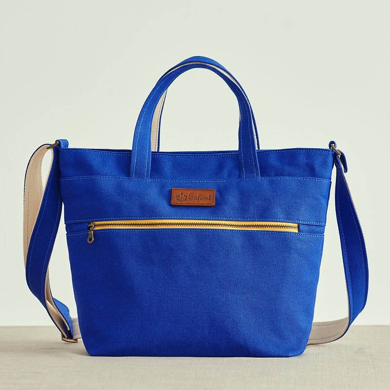 Eafami cotton canvas magnetic buckle tote bag blue-Y (plus size send handmade coin purse) - กระเป๋าถือ - ผ้าฝ้าย/ผ้าลินิน สีน้ำเงิน