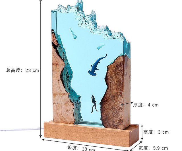 オーシャンギフト/エポキシ樹脂ナイトライト/ダイバーとシュモクザメの